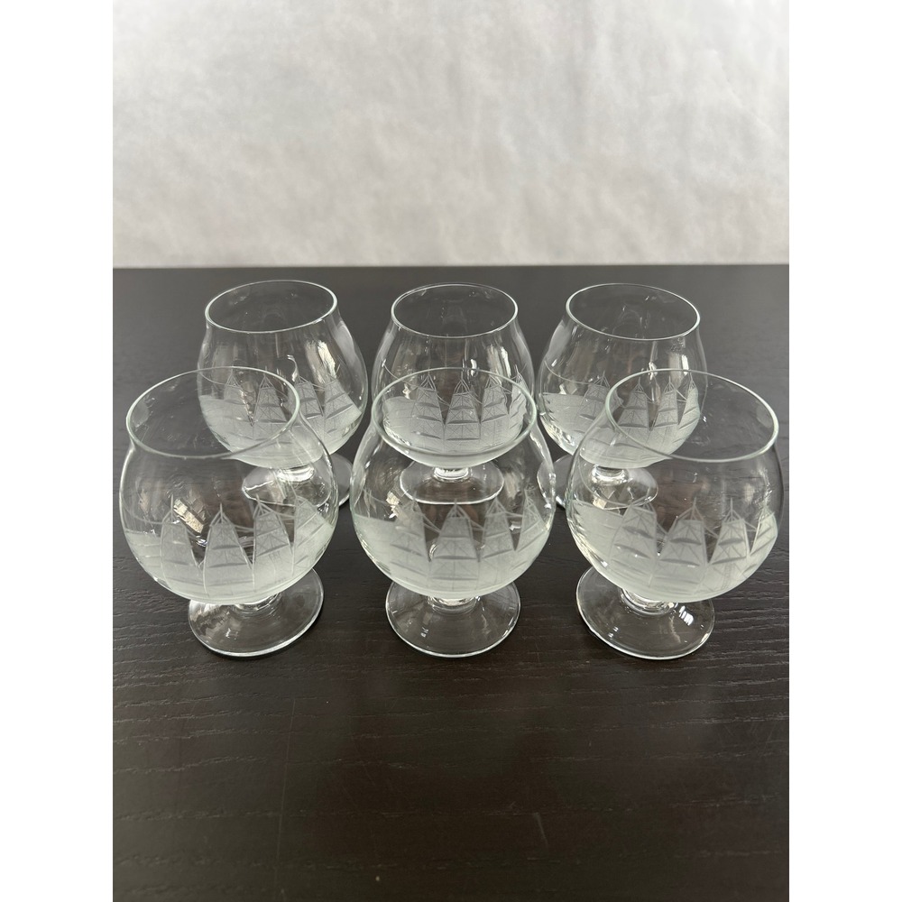 4 Vintage Etched Crystal Brandy Snifter Glasses Clipper Ship Schooner Sail 4"